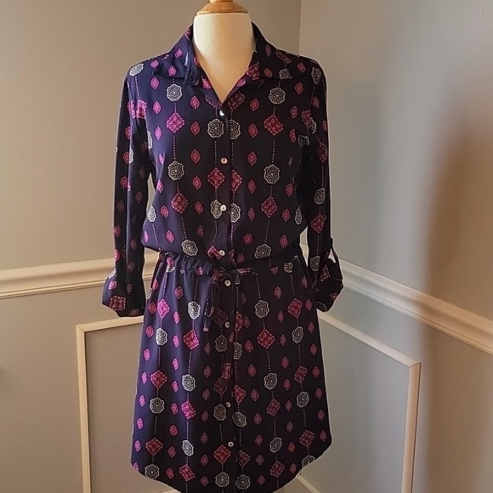 VERONICA M Navy Blue Pink Printed Tie Waist Long Sleeve Button Down Shirt Dress‎